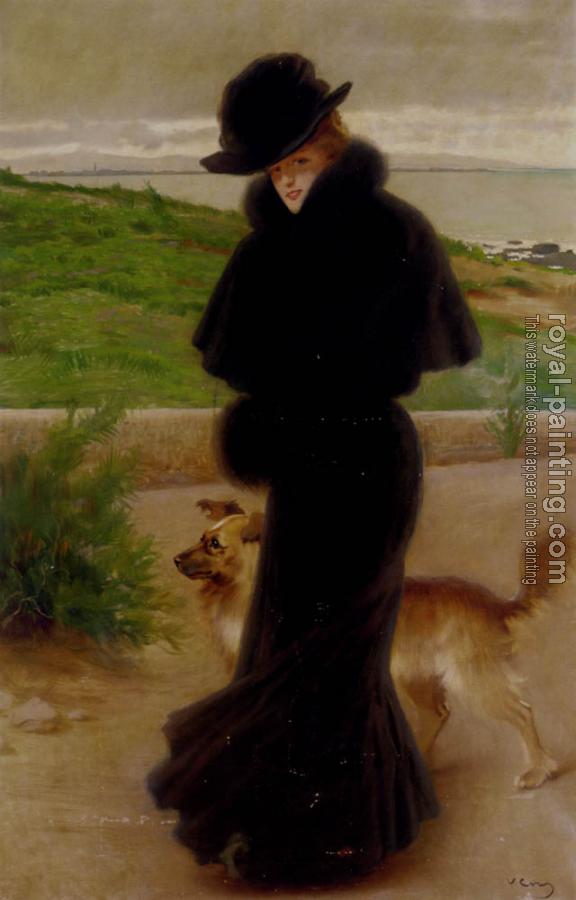 Vittorio Matteo Corcos : An Elegant Lady With Her Faithful Companion By The Beach